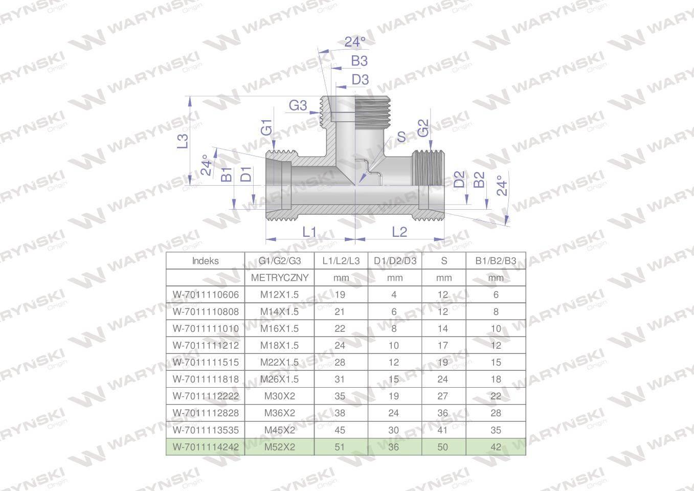 Trójnik hydrauliczny metryczny BBB M52x2 42L (XT) Waryński W-7011114242 - zdjęcie 4