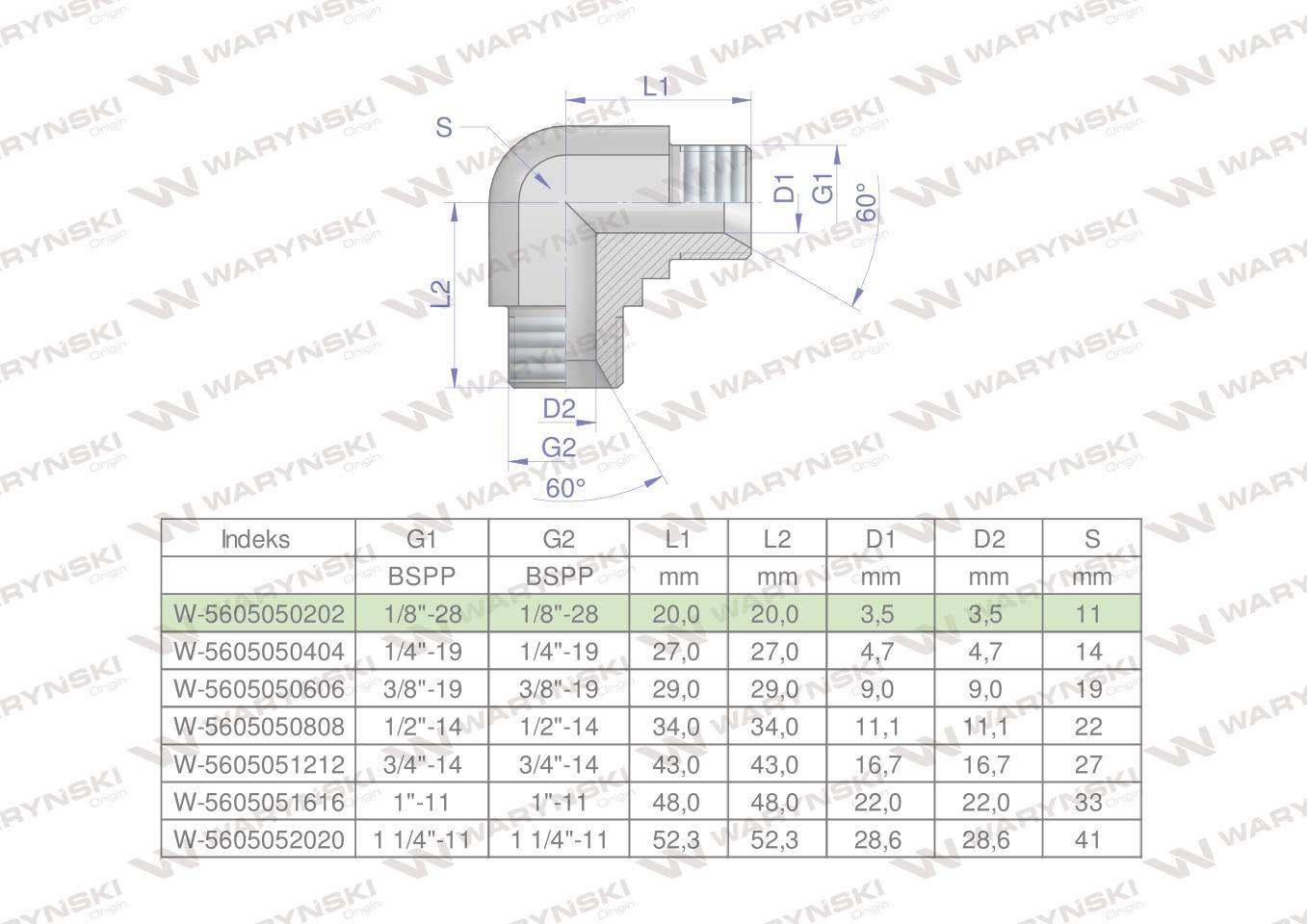 Kolanko hydrauliczne calowe BB 1/8" BSP (XW) Waryński 2szt W-5605050202