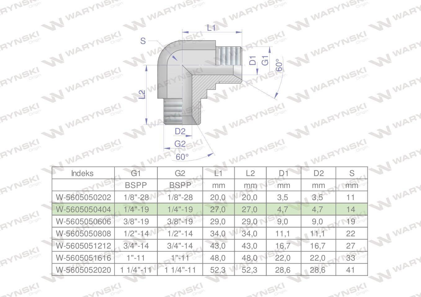 Kolanko hydrauliczne calowe BB 1/4" BSP (XW) Waryński 2szt W-5605050404