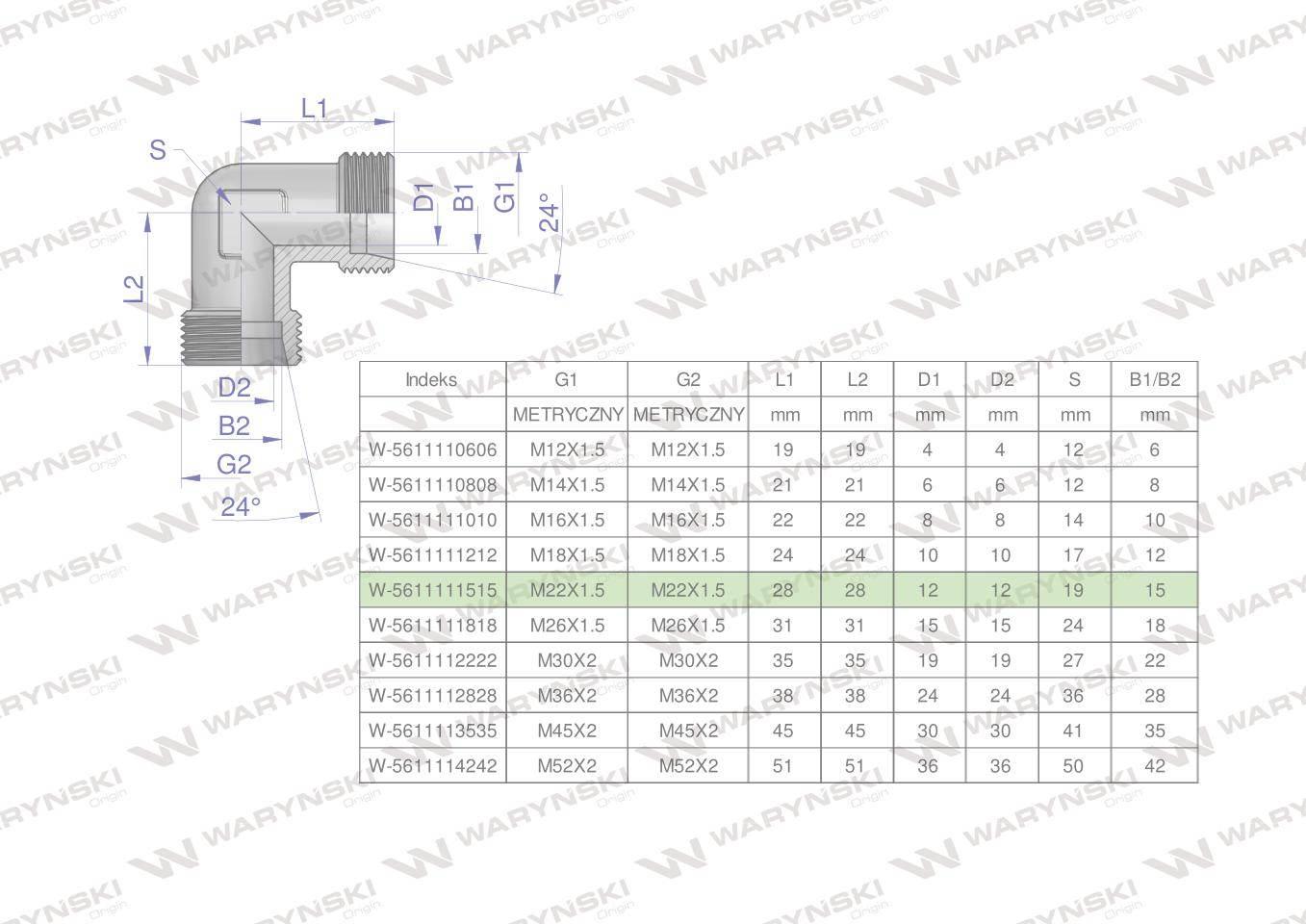 Kolanko hydrauliczne metryczne BB M22x1.5 15L (XW) Waryński 5szt