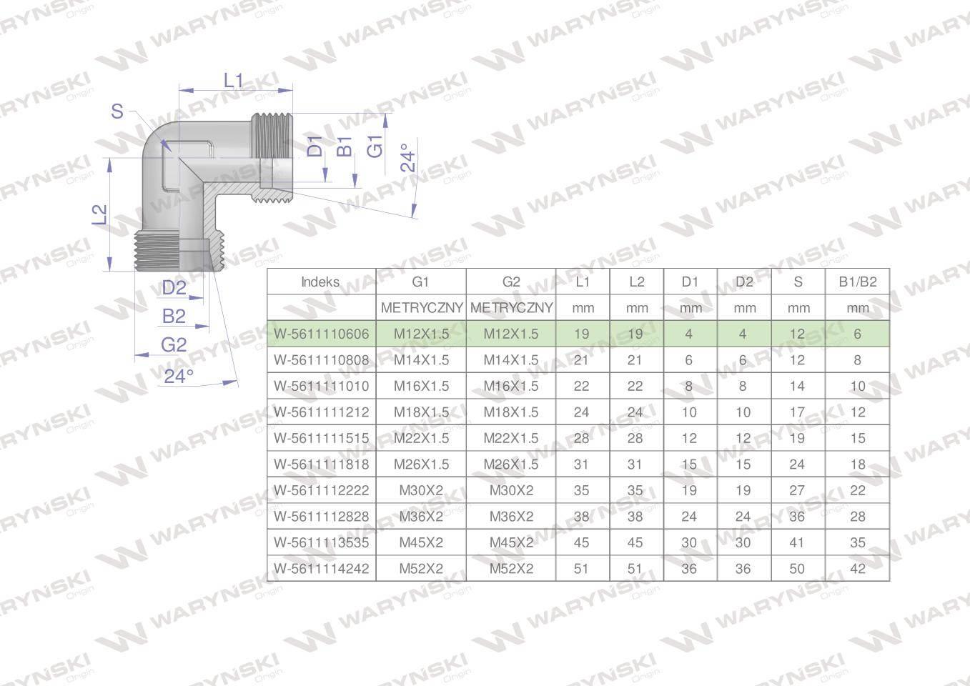 Kolanko hydrauliczne metryczne BB M12x1.5 06L (XW) Waryński 5szt