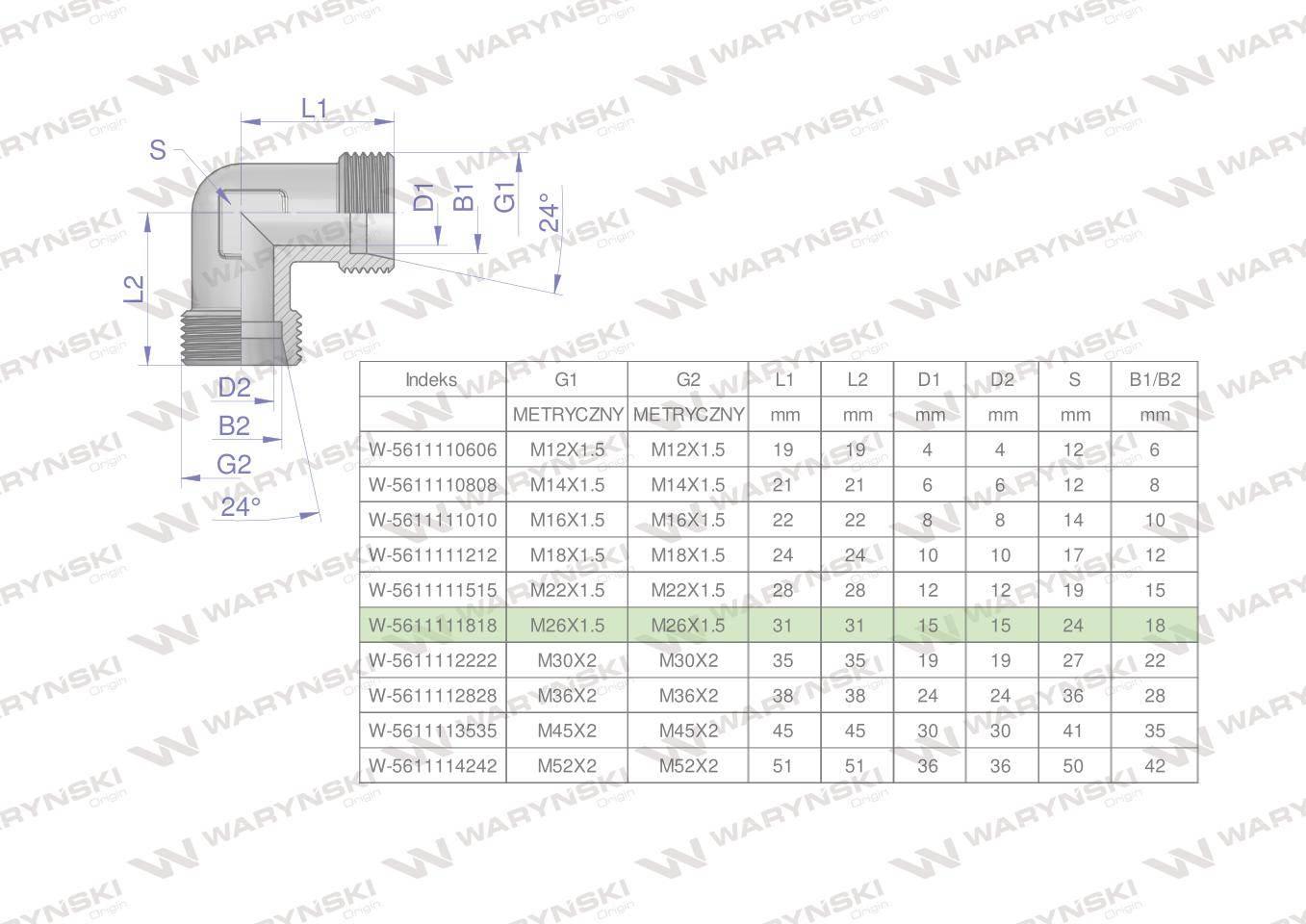 Kolanko hydrauliczne metryczne BB M26x1.5 18L (XW) Waryński W-5611111818