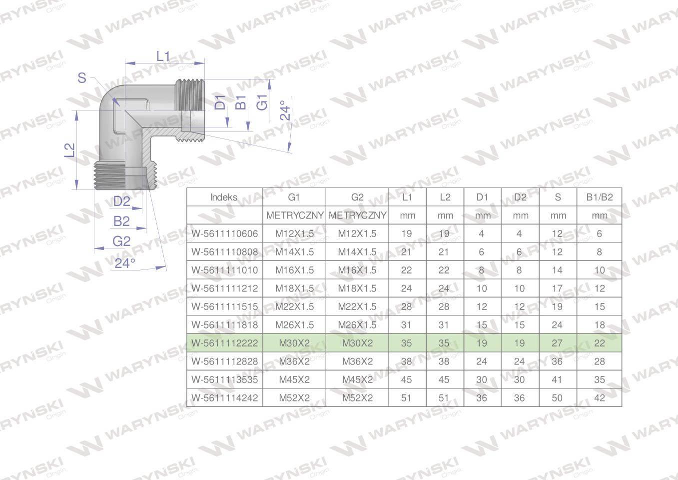 Kolanko hydrauliczne metryczne BB M30x2 22L (XW) Waryński W-5611112222