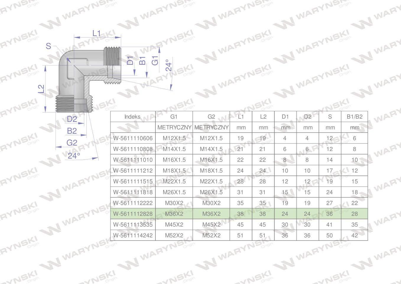 Kolanko hydrauliczne metryczne BB M36x2 28L (XW) Waryński W-5611112828