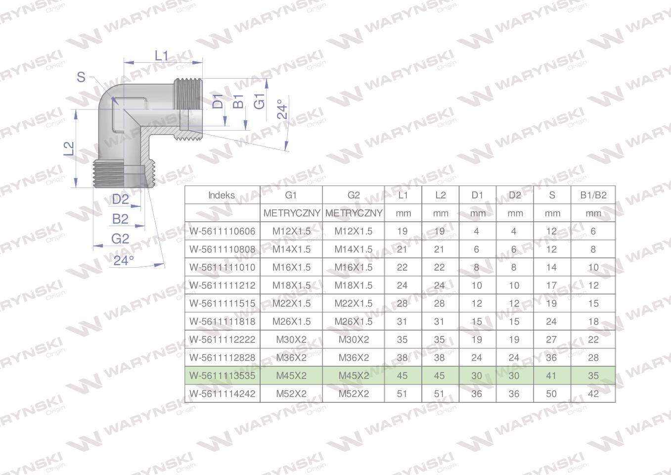 Kolanko hydrauliczne metryczne BB M45x2 35L (XW) Waryński W-5611113535