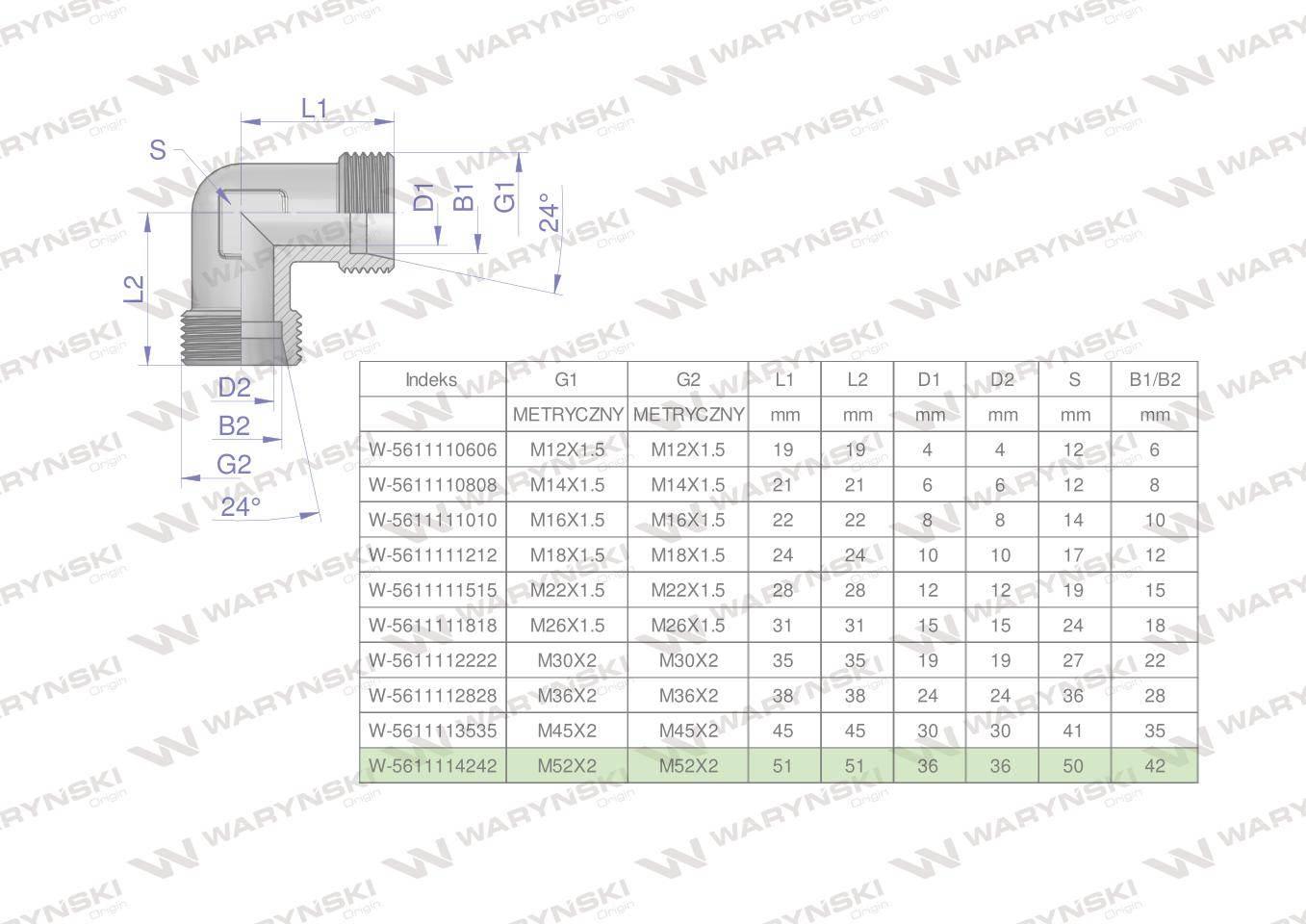 Kolanko hydrauliczne metryczne BB M52x2 42L (XW) Waryński W-5611114242