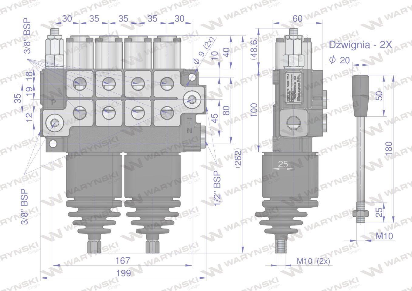 Rozdzielacz hydrauliczny 4-sekcyjny max przepływ 40L (2 sekcje x 1 dźwignia - zdjęcie 3