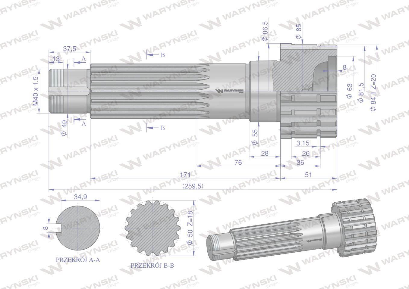 Wał napędzający reduktora 80121187 C-385 WARYŃSKI 80121167W - zdjęcie 3