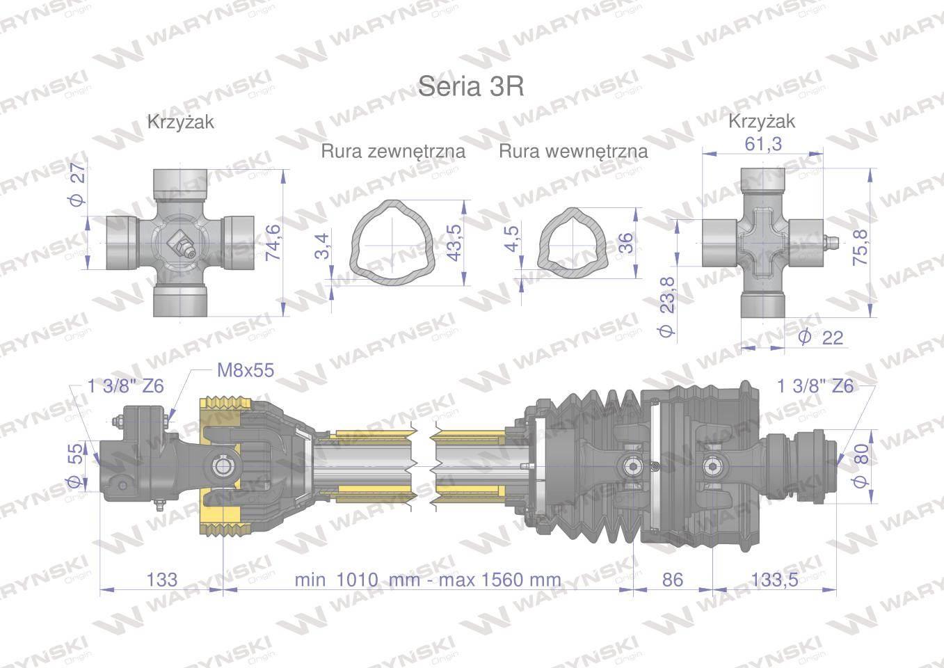 Wał przegubowo-teleskopowy 1010-1560mm 460Nm sprzęgło z kołkiem szerokokątn - zdjęcie 3