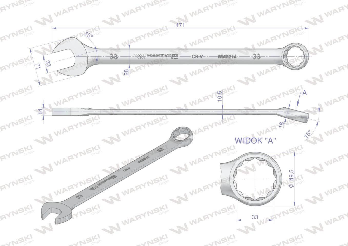 Klucz płaskooczkowy extra długi 33mm dł 471mm standard ASME B107.9M Waryńsk - zdjęcie 3