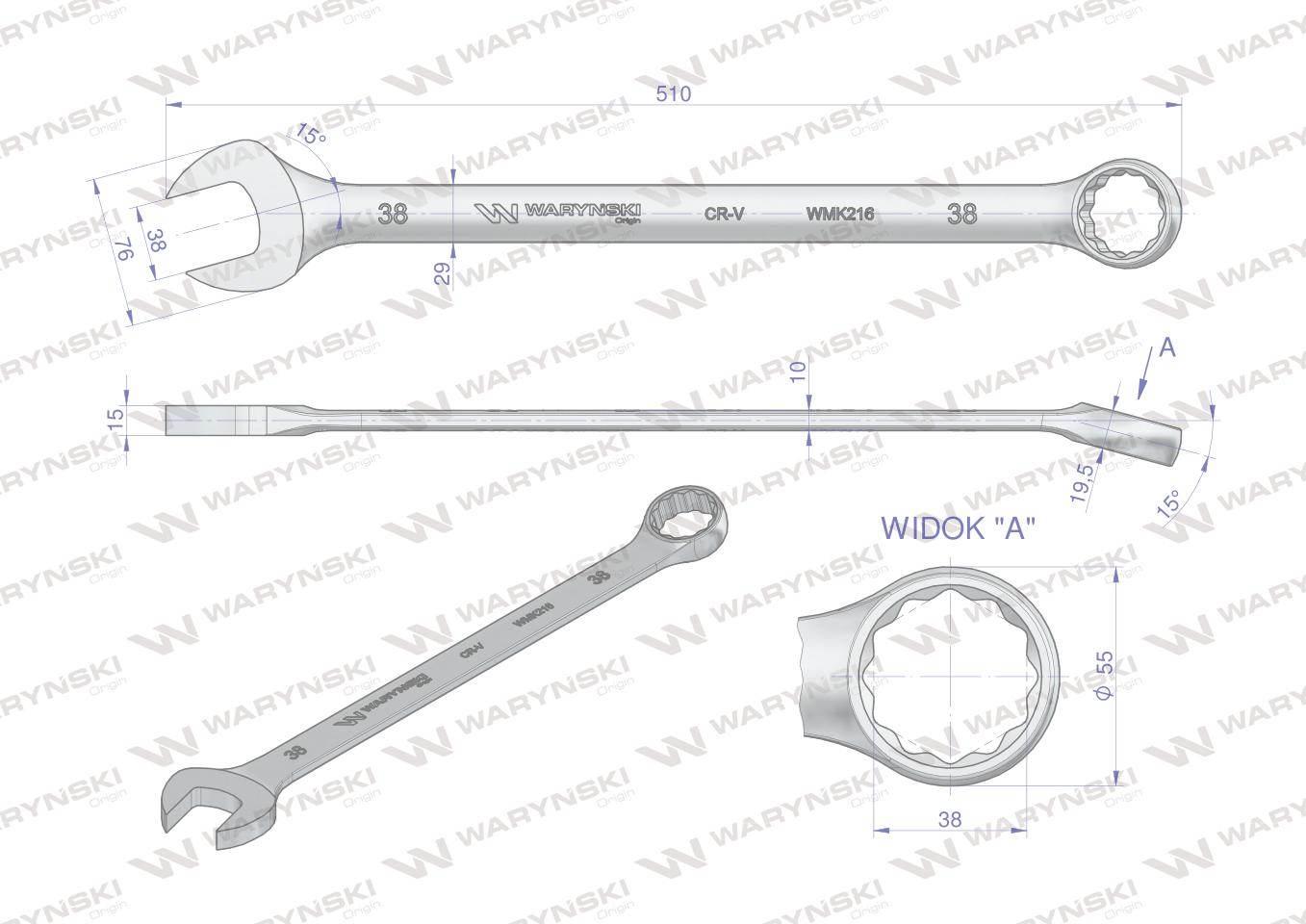 Klucz płaskooczkowy extra długi 38mm dł 510mm standard ASME B107.9M Waryńsk - zdjęcie 3