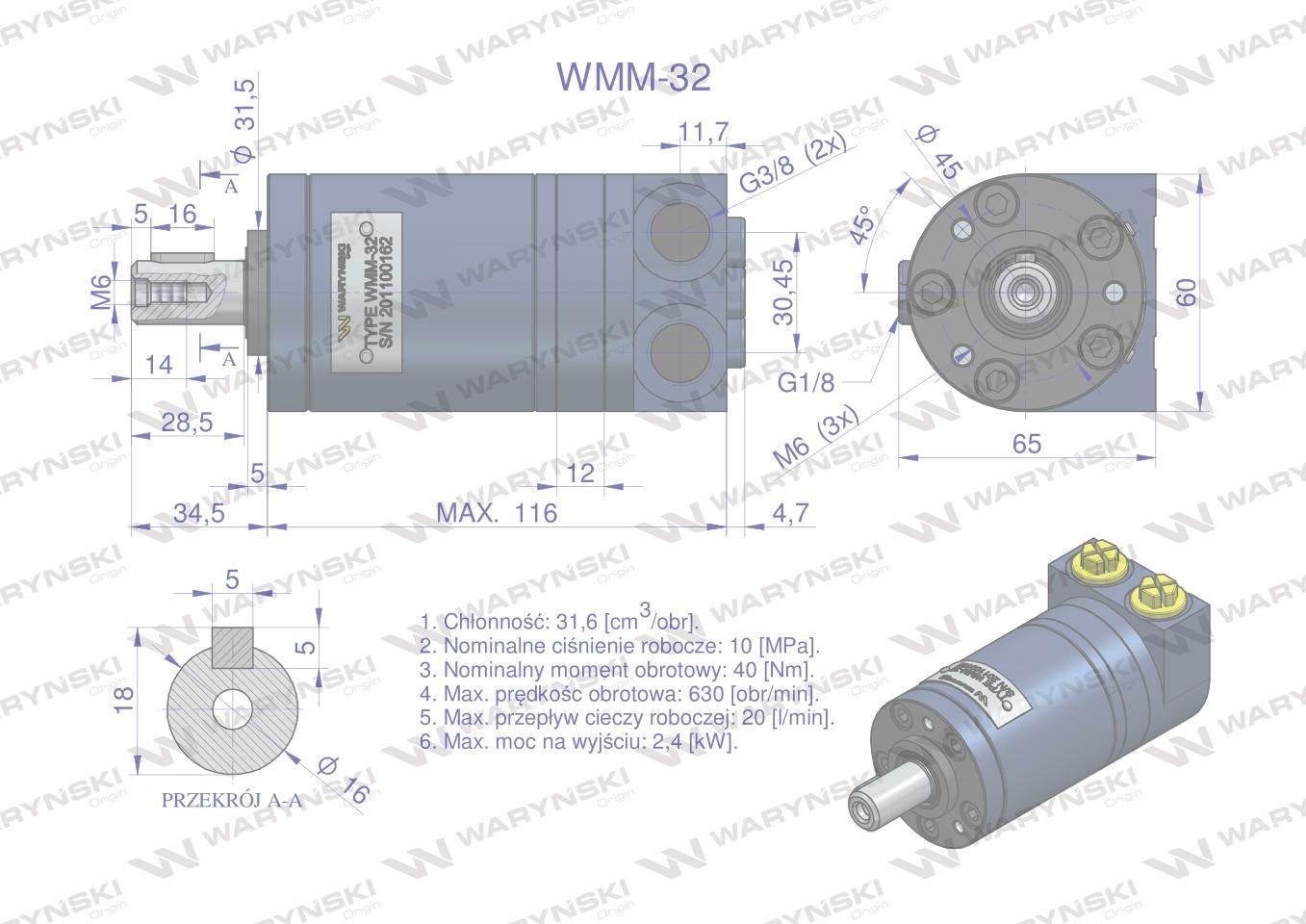 Silnik hydrauliczny orbitalny WMM 32 cm3/obr (100 bar / max.140 bar) Waryńs - zdjęcie 5