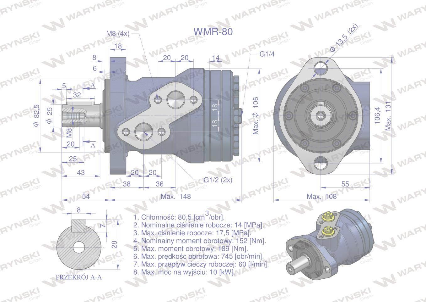 Silnik hydrauliczny orbitalny WMR 80 cm3/obr (140 bar / max.200 bar) Waryńs - zdjęcie 6