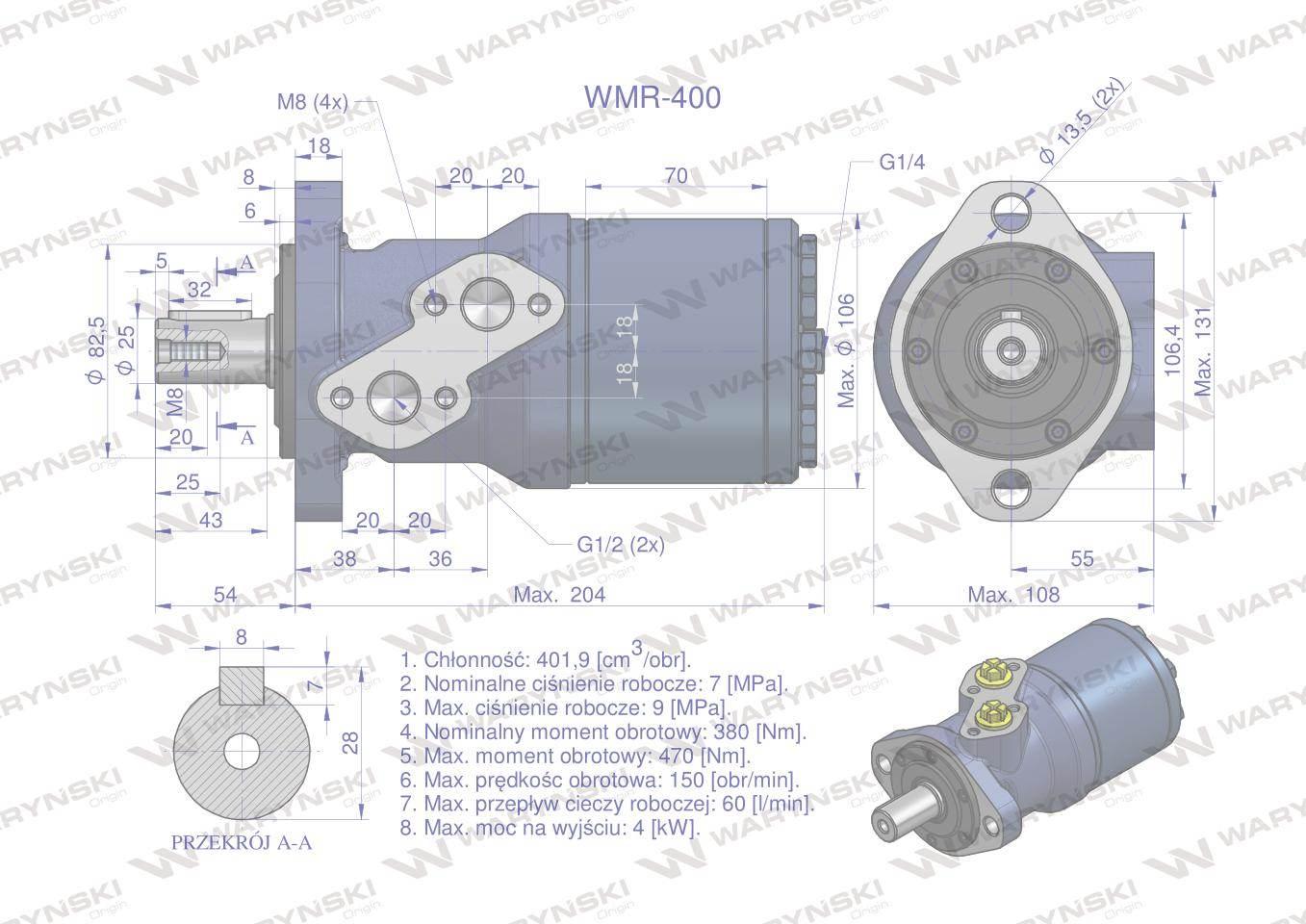 Silnik hydrauliczny orbitalny WMR 400 cm3/obr (70 bar / max.110 bar) Waryńs - zdjęcie 6