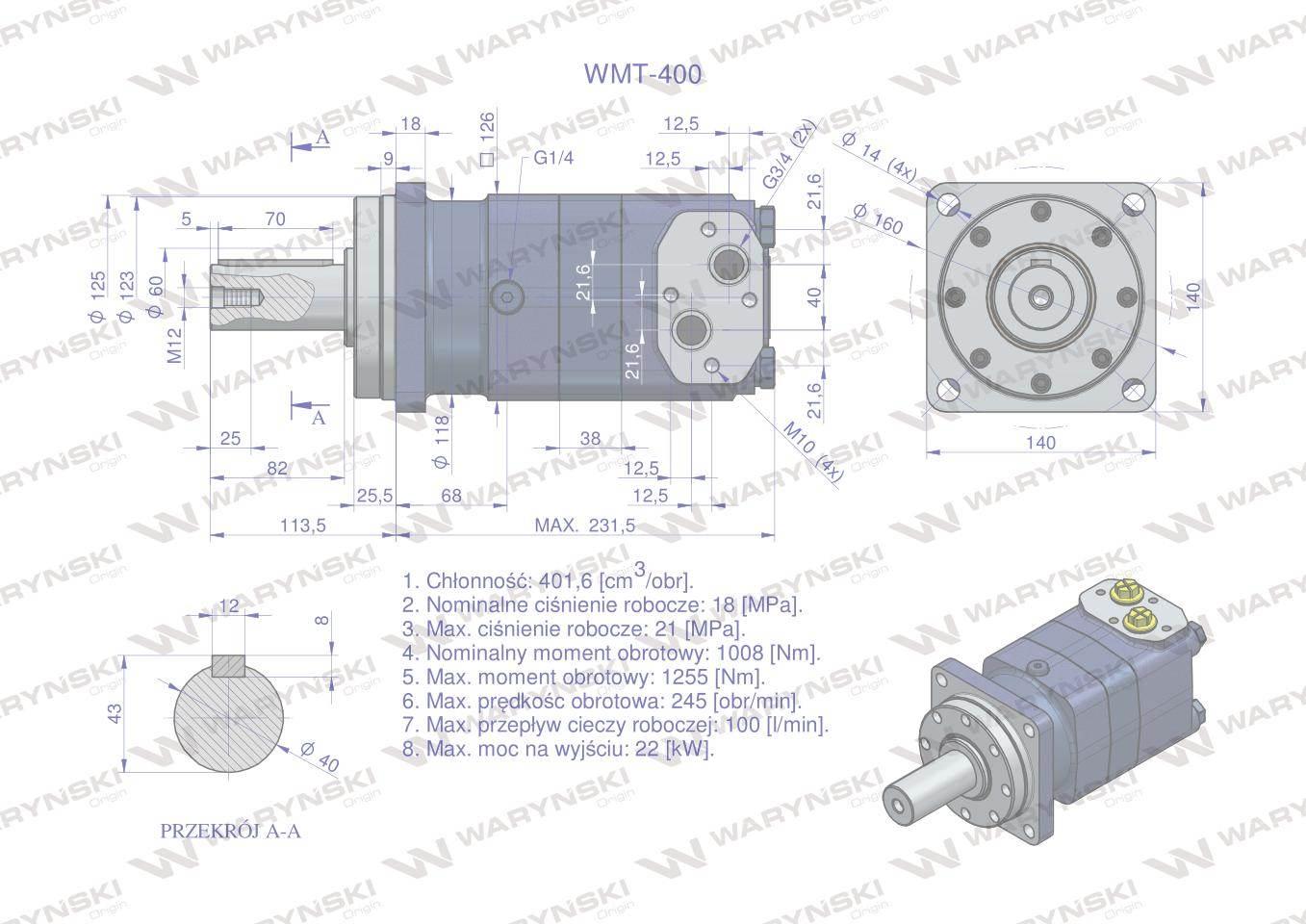 Silnik hydrauliczny orbitalny WMT 400 cm3/obr (180 bar / max.240 bar) Waryń - zdjęcie 6