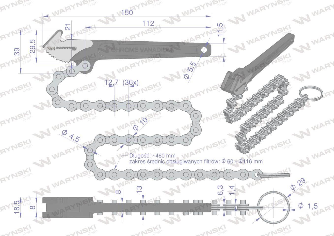 Klucz łancuchowy do filtra oleju 60-116 mm Waryński WMK163 - zdjęcie 3