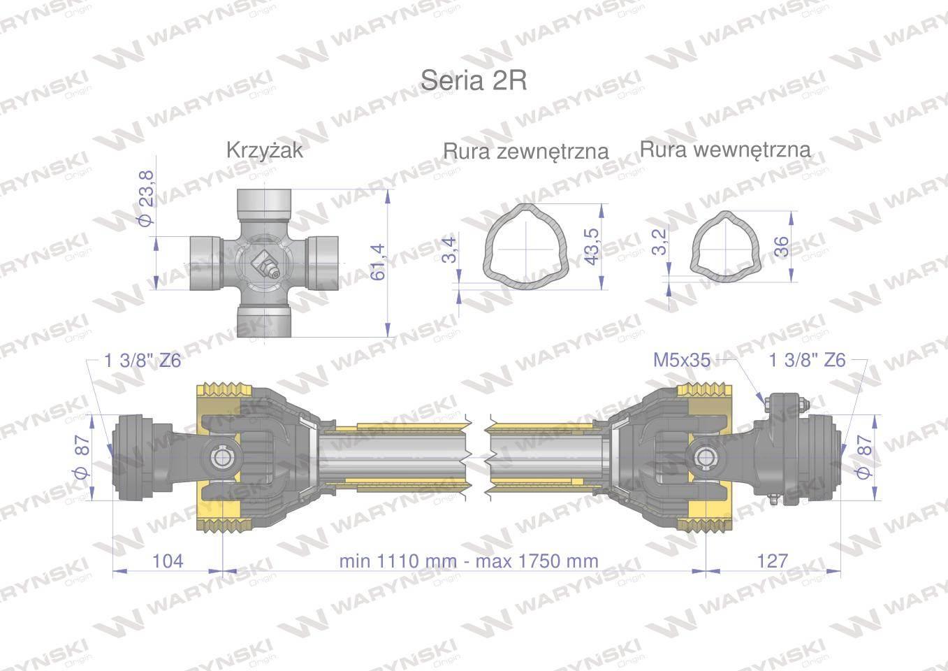 Wał przegubowo-teleskopowy 1110-1750mm 270Nm sprzęgło z kołkiem 900Nm CE 20 - zdjęcie 3