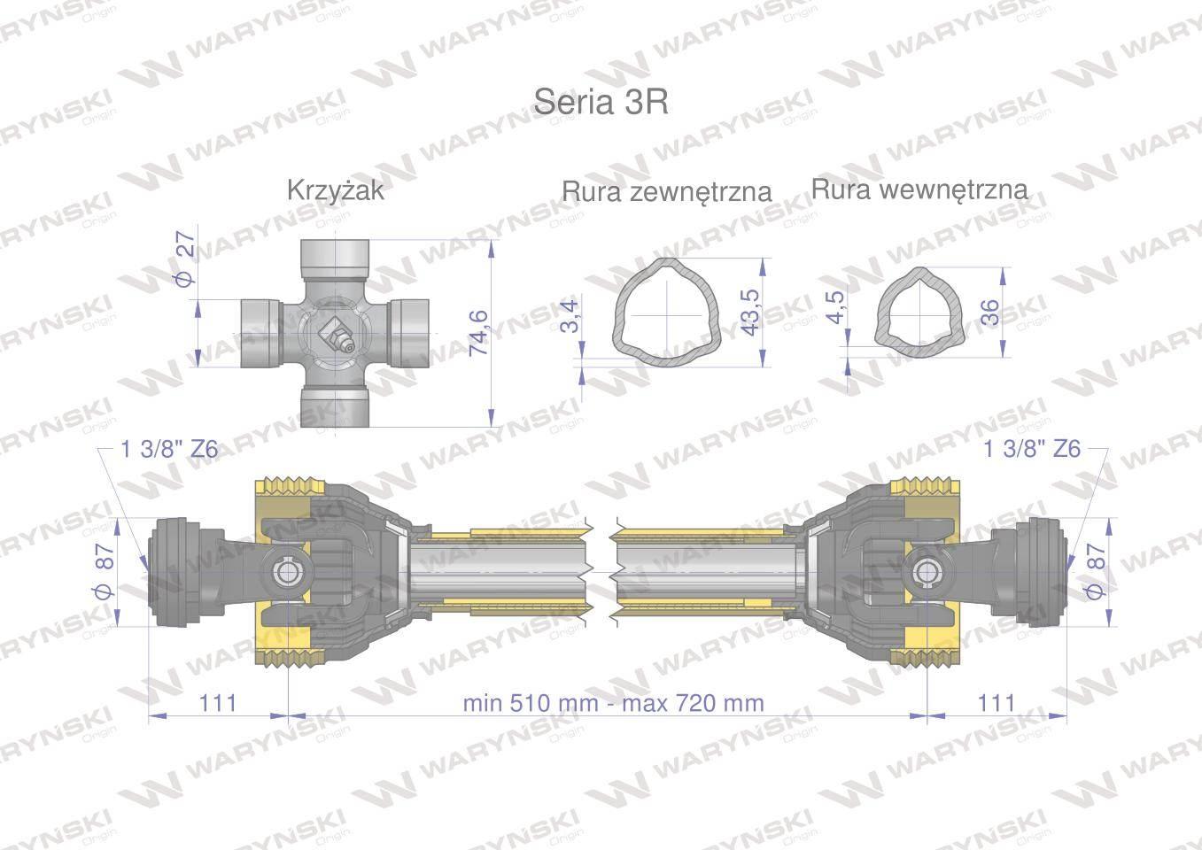 Wał przegubowo-teleskopowy 510-720mm 460Nm 50210 CE 2020 seria 3R WARYŃSKI - zdjęcie 3
