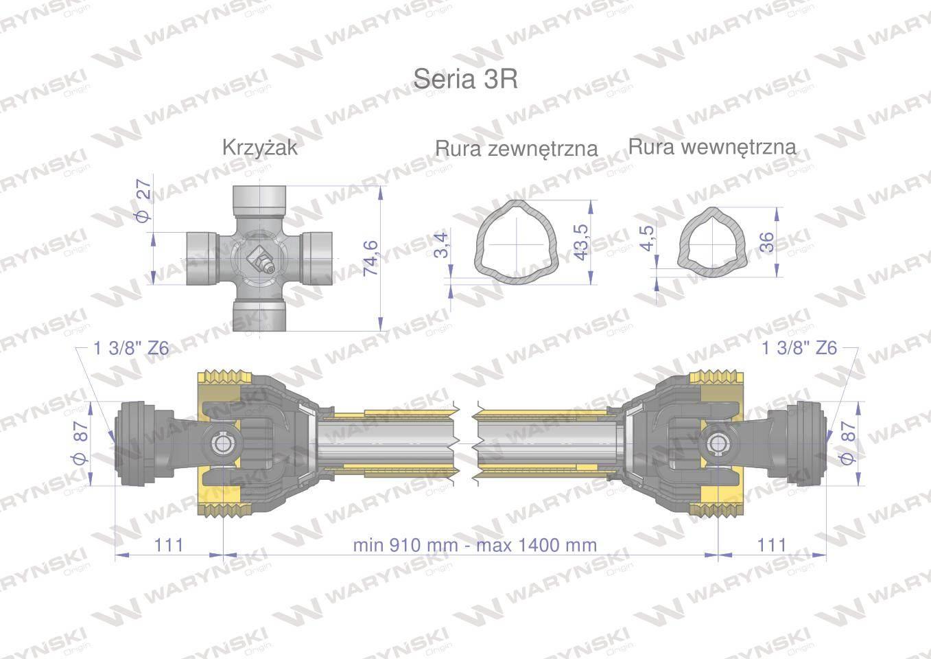 Wał przegubowo-teleskopowy 910-1400mm 460Nm 50260 CE 2020 seria 3R WARYŃSKI - zdjęcie 3