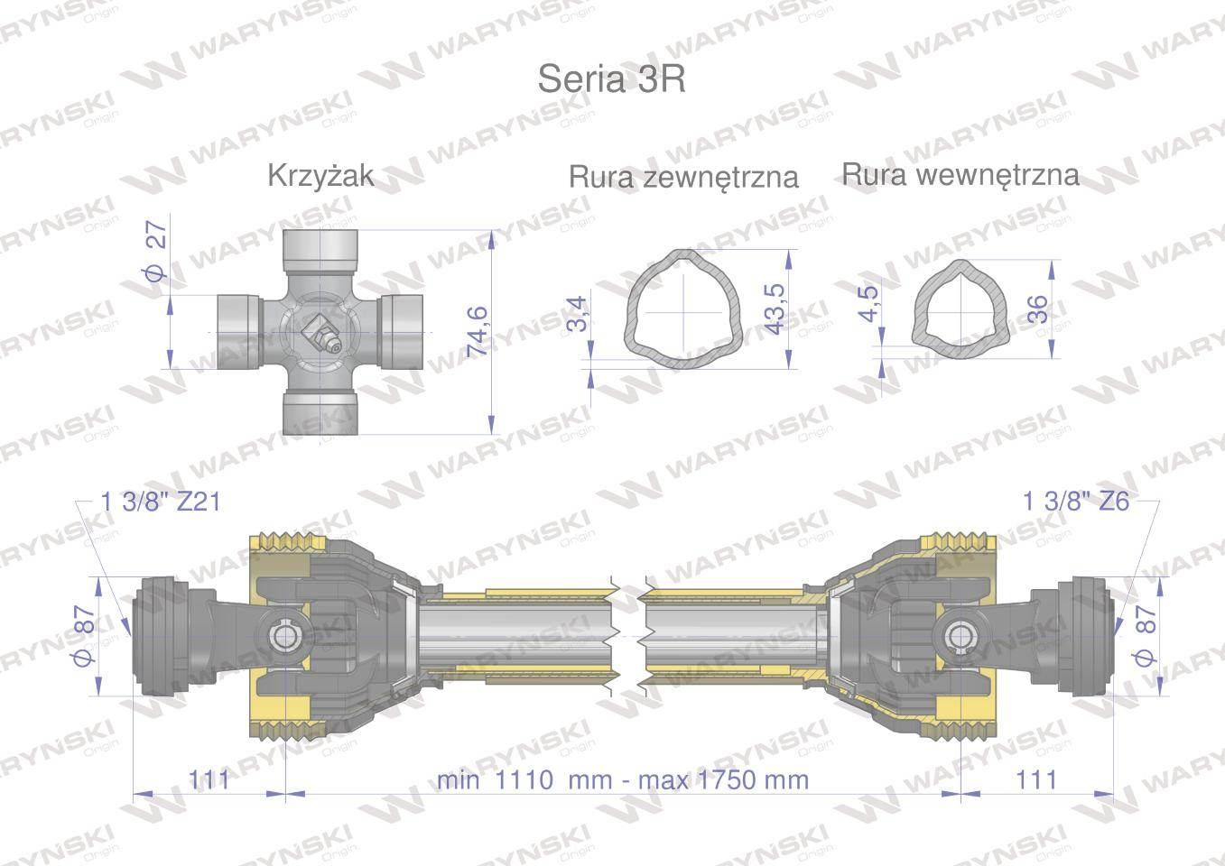 Wał przegubowo-teleskopowy 1110-1750mm 460Nm widłak Z21 CE 2020 seria 3R WA - zdjęcie 3
