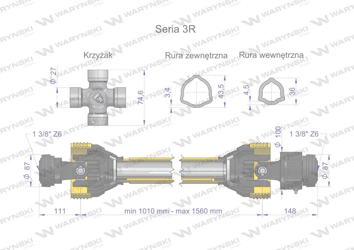 Wał przegubowo-teleskopowy 1010-1560mm 460Nm sprzęgło jednokierunkowe CE 20 - zdjęcie 3