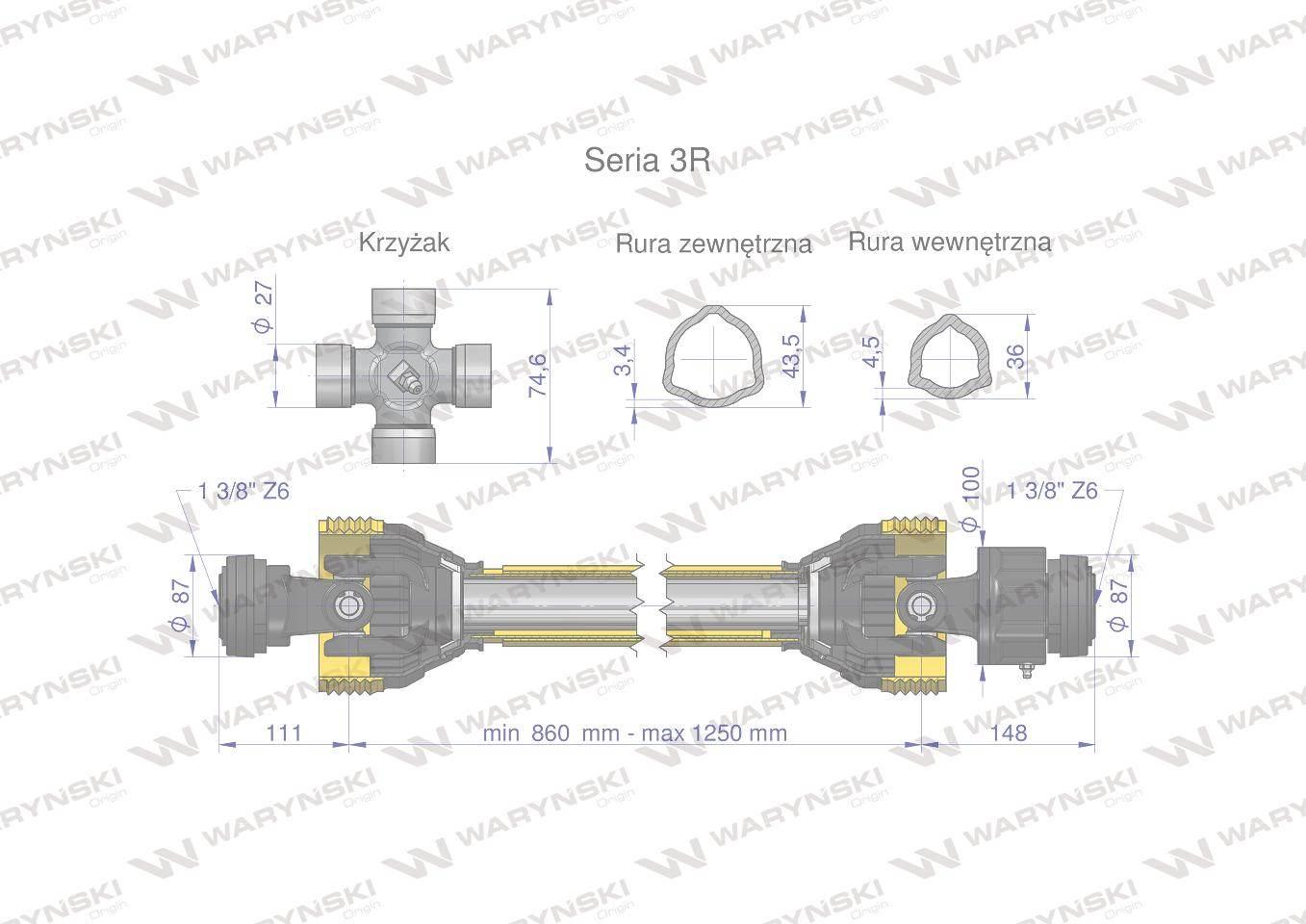 Wał przegubowo-teleskopowy 860-1250mm 460Nm sprzęgło jednokierunkowe CE 202 - zdjęcie 3