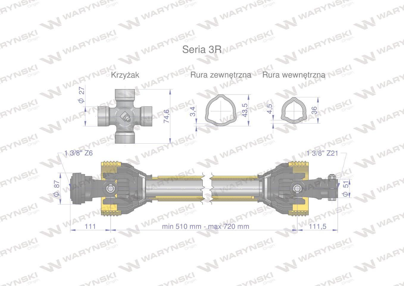 Wał przegubowo-teleskopowy 510-720mm 460Nm widłak Z21 skręcany na śrubę 502 - zdjęcie 2