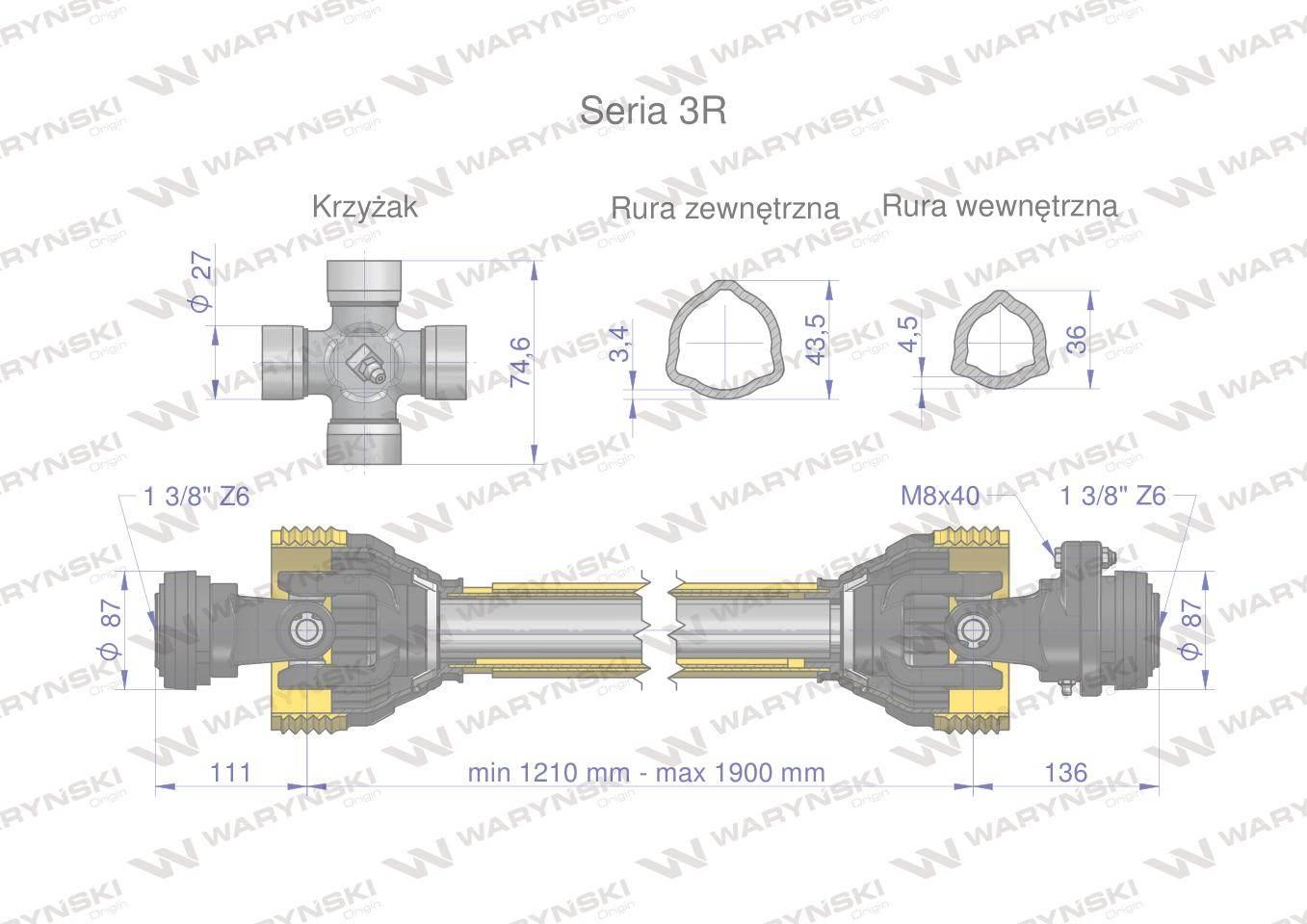 Wał przegubowo-teleskopowy 1210-1900mm 460Nm sprzęgło z kołkiem 1400Nm CE 2 - zdjęcie 3