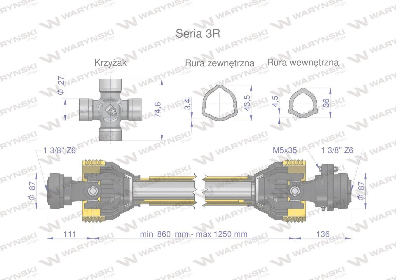 Wał przegubowo-teleskopowy 860-1250mm 460Nm sprzęgło z kołkiem 900Nm CE 202 - zdjęcie 3