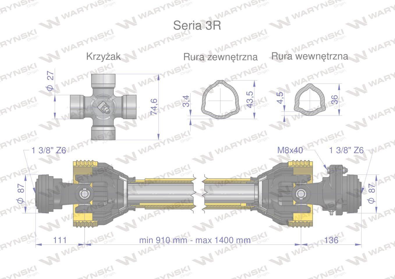 Wał przegubowo-teleskopowy 910-1400mm 460Nm sprzęgło z kołkiem 1400Nm CE 20 - zdjęcie 3