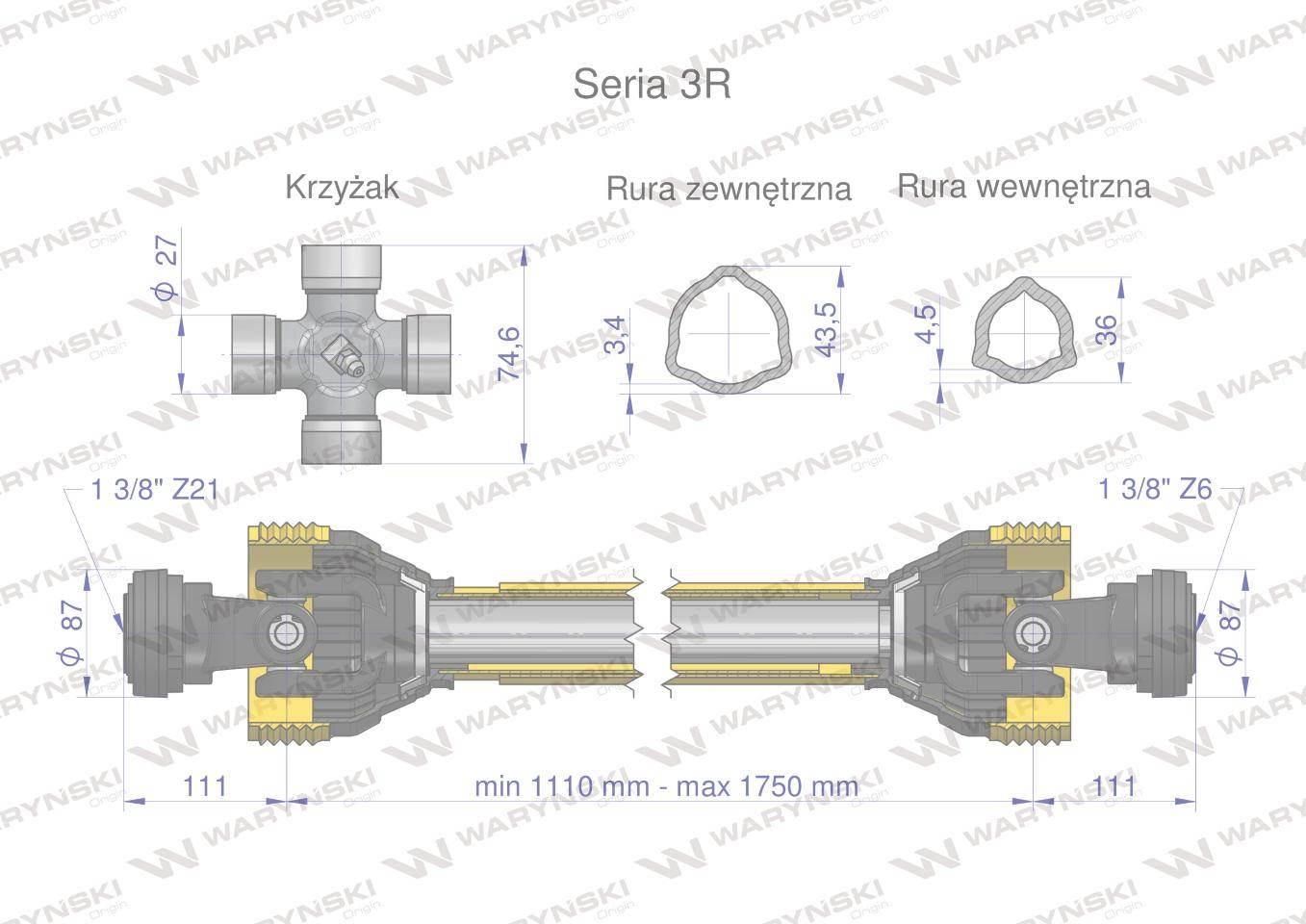 Wał przegubowo-teleskopowy 1110-1750mm 460Nm widłak Z21 CE 2020 seria 3R WA - zdjęcie 3