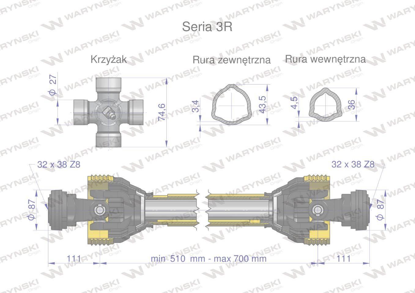 Wał przegubowo-teleskopowy 510-700mm 460Nm 32X38 Z8 rosyjski z dwóch stron - zdjęcie 3