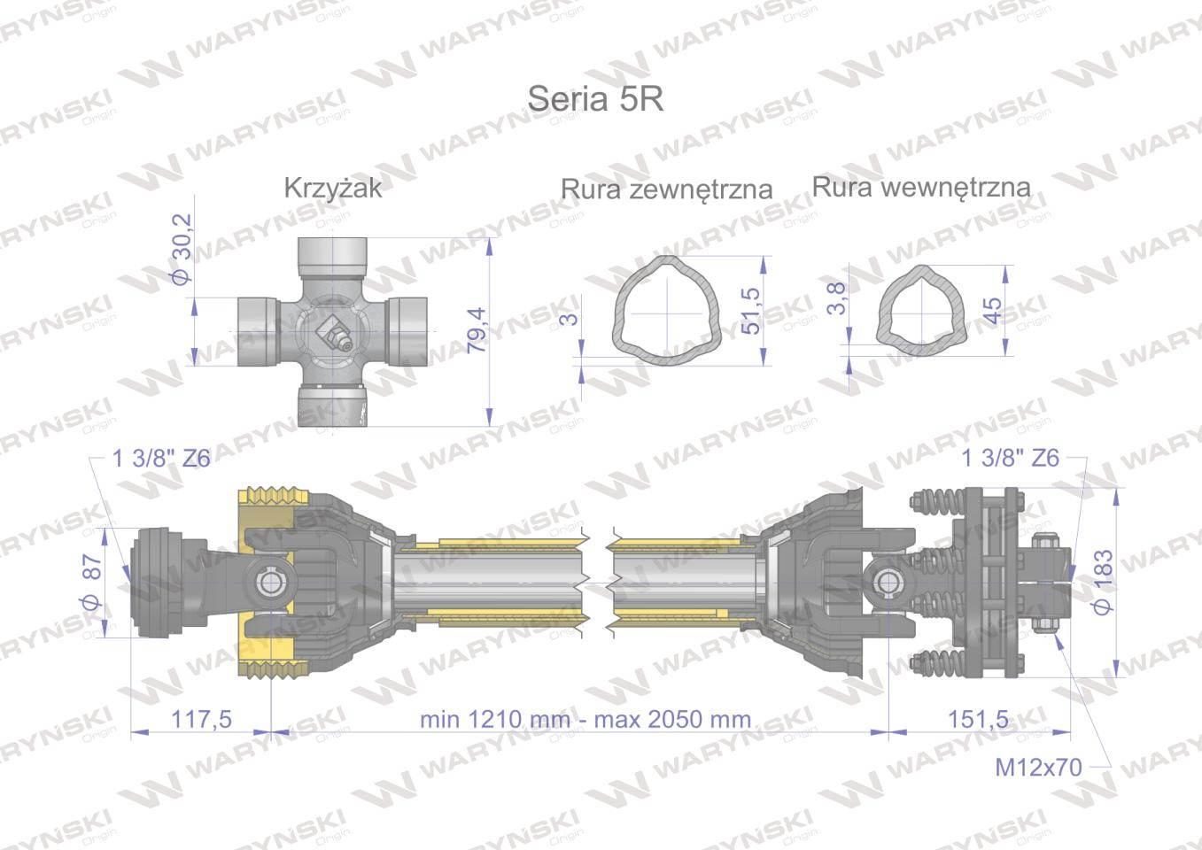Wał przegubowo-teleskopowy 1210-2050mm 620Nm sprzęgło cierne 1200Nm 60990 C - zdjęcie 3