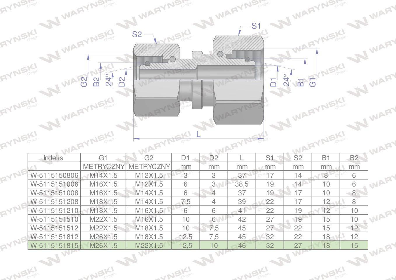 Złączka hydrauliczna metryczna AA M26x1.5 18L x M22x1.5 15L Waryński