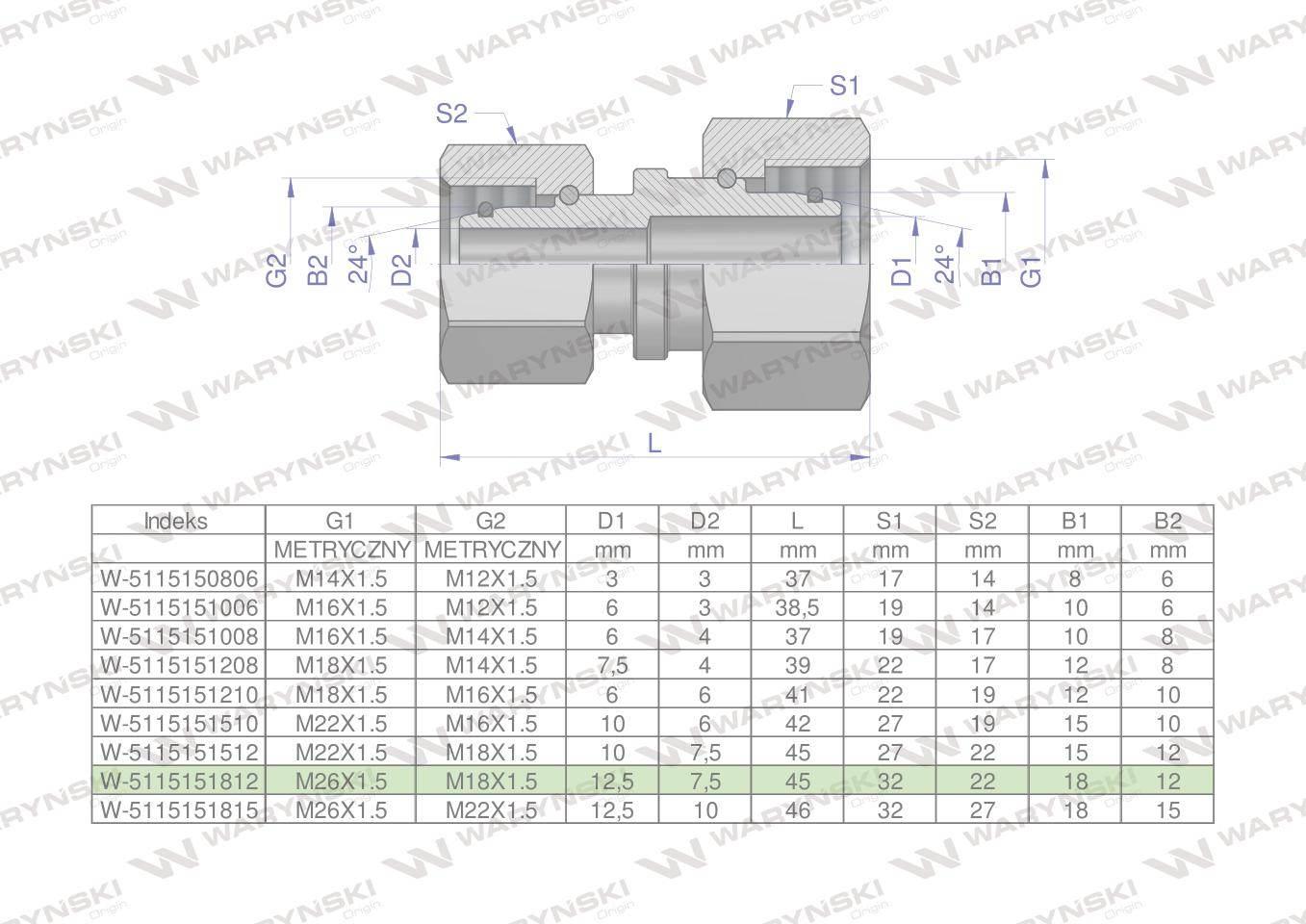 Złączka hydrauliczna metryczna AA M26x1.5 18L x M18x1.5 12L Waryński