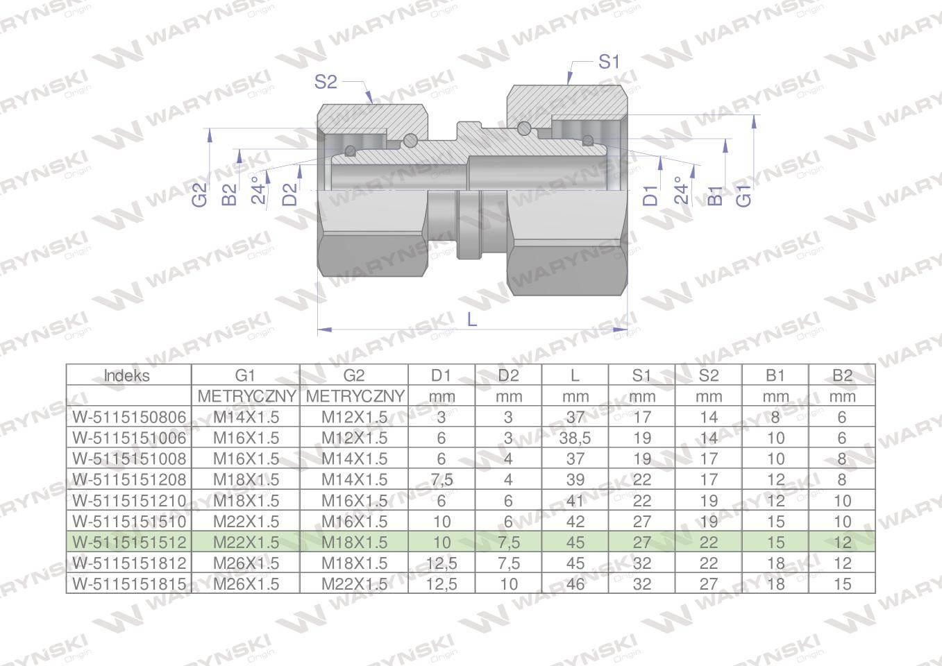 Złączka hydrauliczna metryczna AA M22x1.5 15L x M18x1.5 12L Waryński 5szt