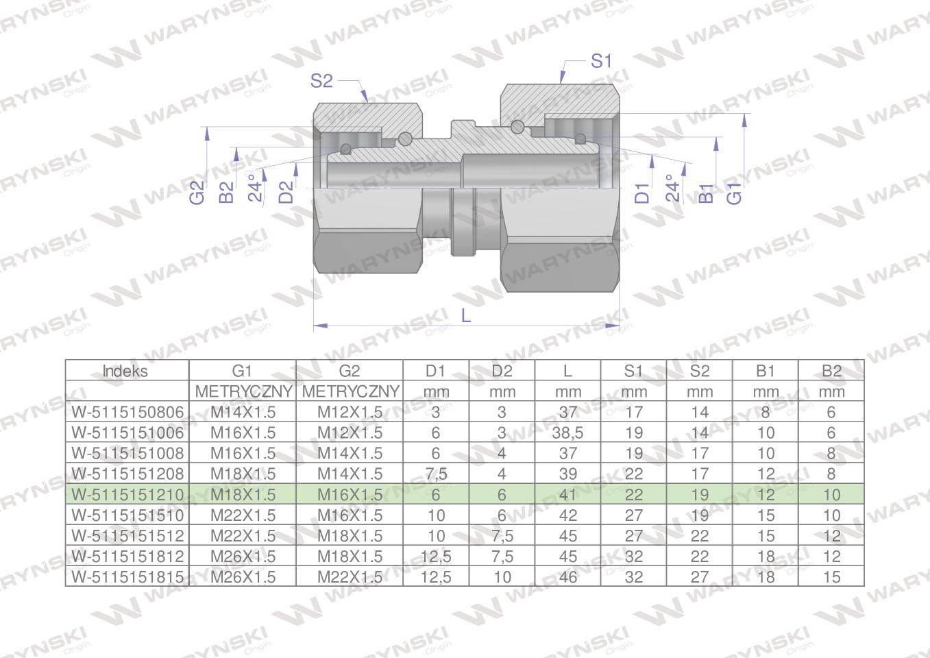 Złączka hydrauliczna metryczna AA M18x1.5 12L x M16x1.5 10L Waryński 5szt