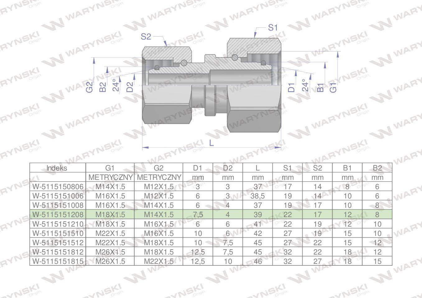 Złączka hydrauliczna metryczna AA M18x1.5 12L x M14x1.5 08L Waryński 2szt
