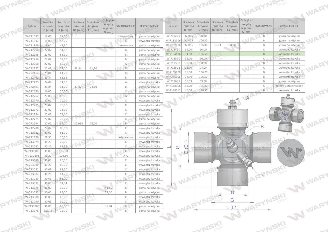 Krzyżak wału 34x106.50 smarowanie centralne Waryński W-7134106 - zdjęcie 2