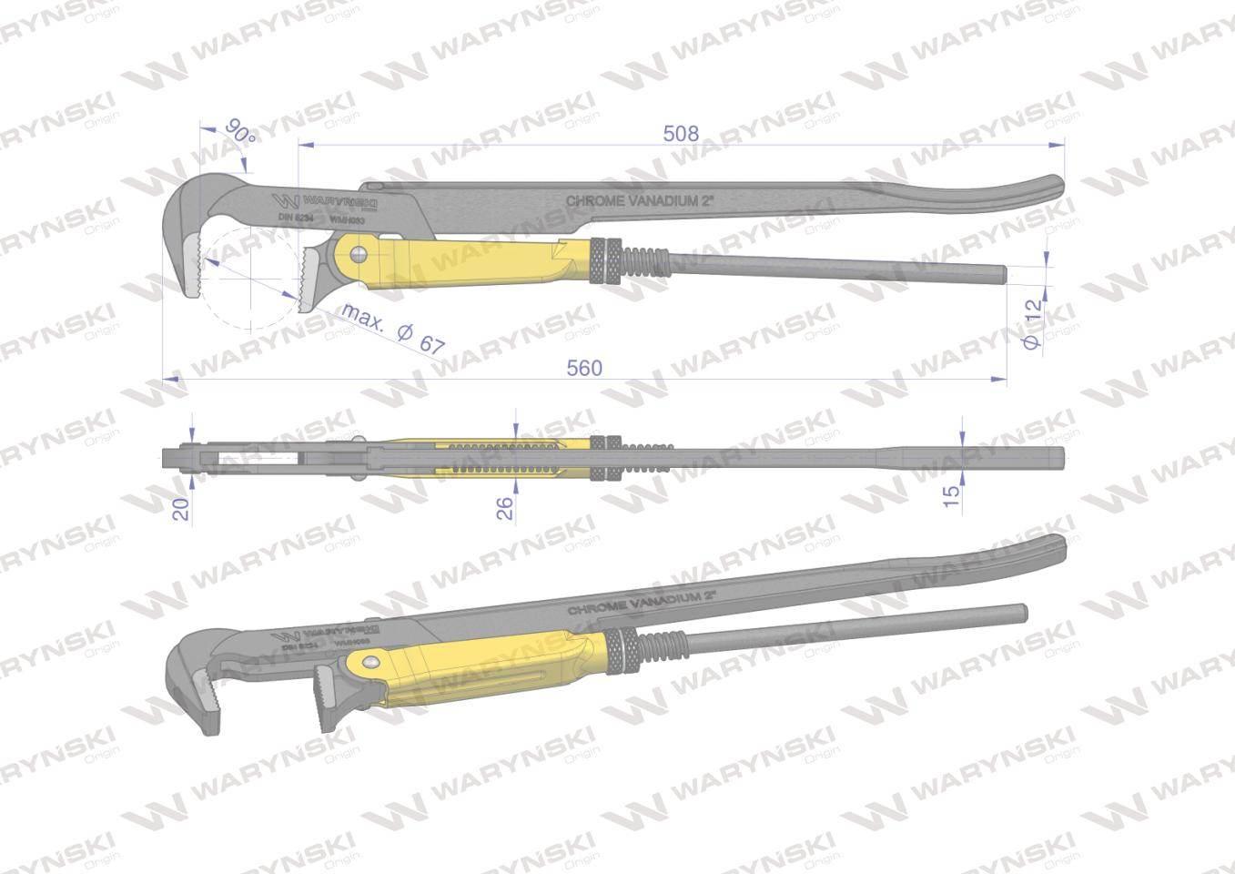 Szczypce nastawne szwedzkie do rur szczęki typ 90° o rozstawie max 67mm 2" - zdjęcie 3