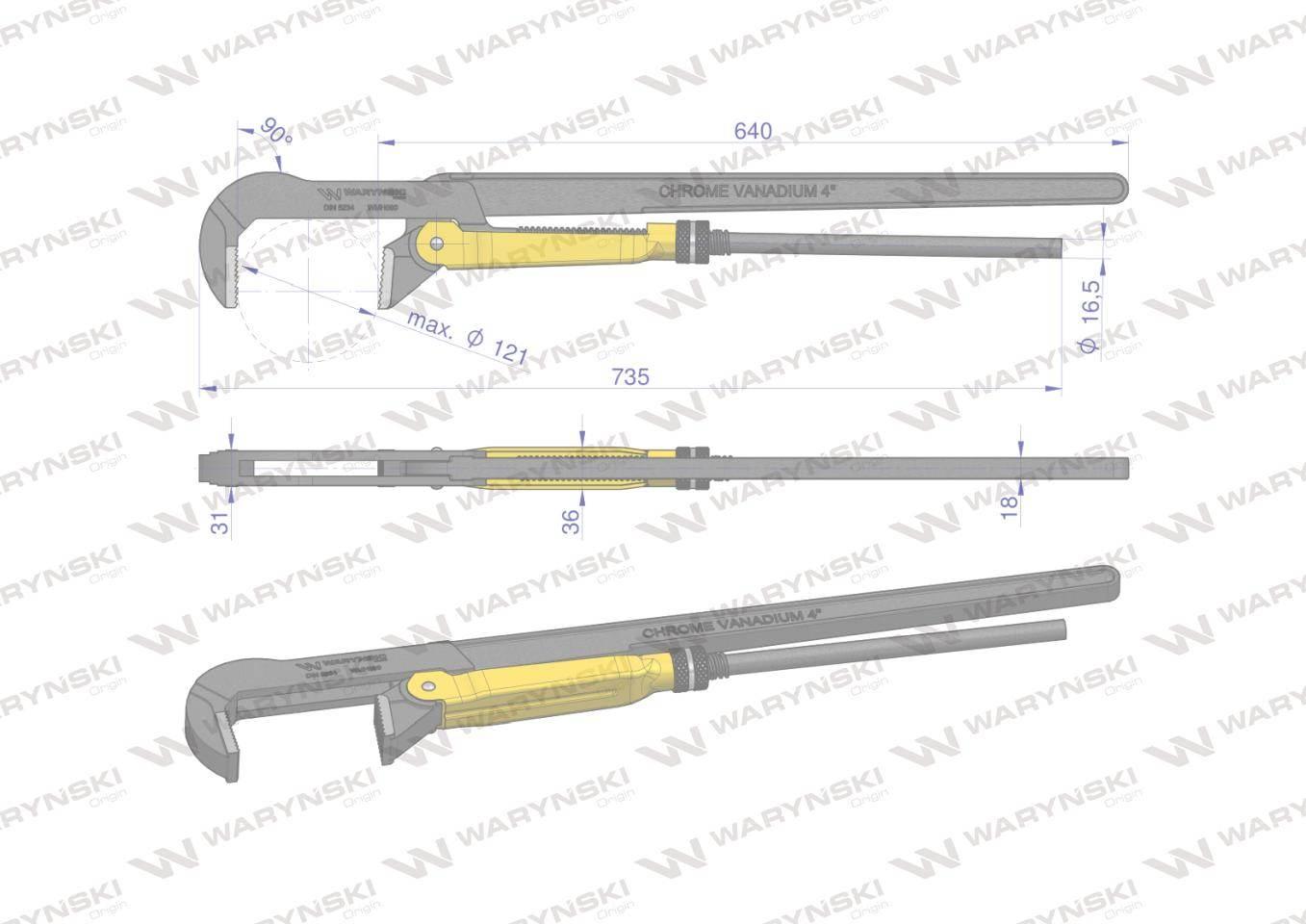 Szczypce nastawne szwedzkie do rur szczęki typ 90° o rozstawie max 121mm dł - zdjęcie 3