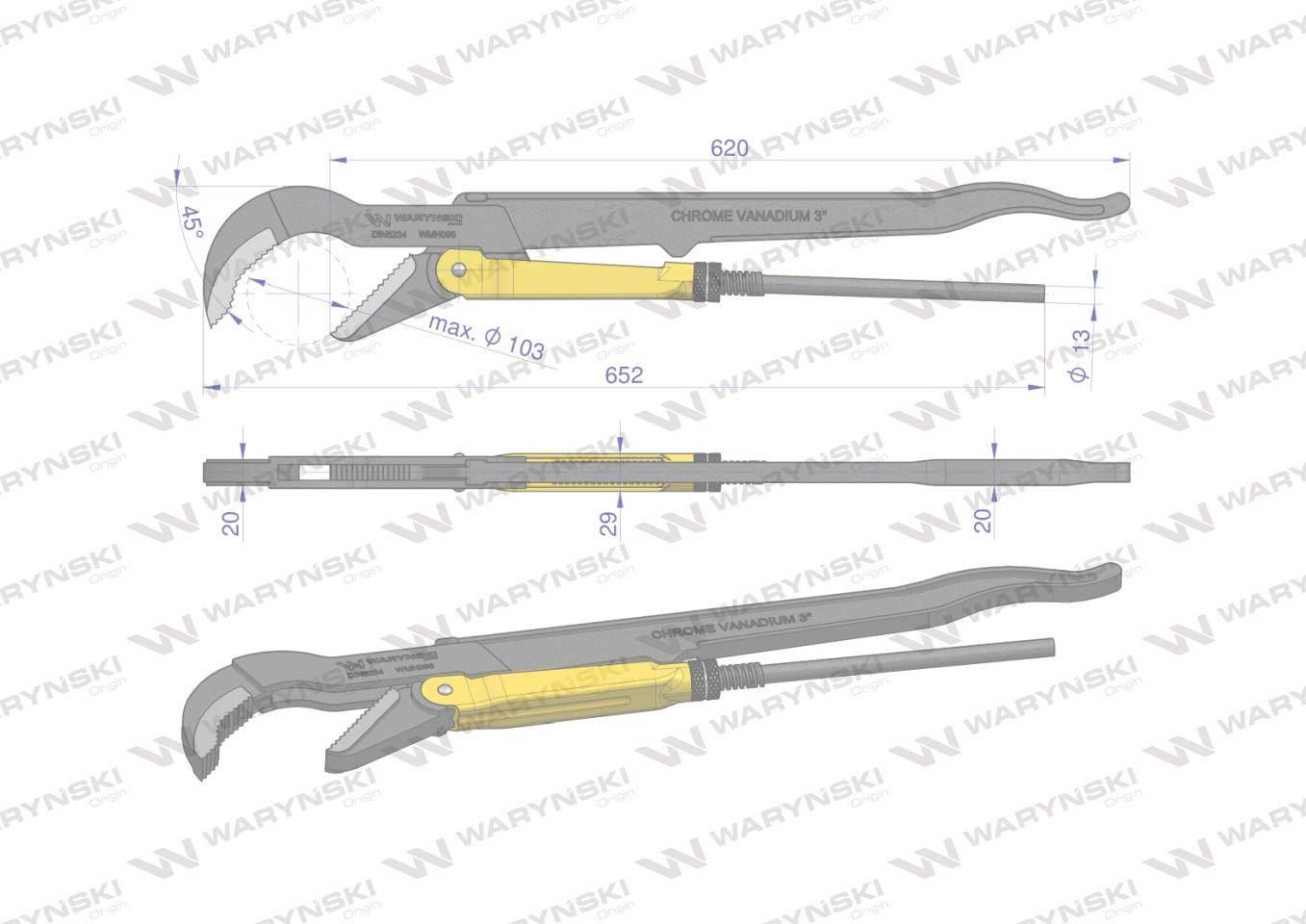 Szczypce nastawne szwedzkie do rur szczęki typ 45° o rozstawie max 103mm dł - zdjęcie 3