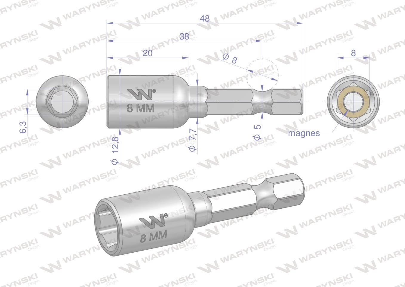 Nasadka 8mm z uchwytem narzędziowym do wkretarki długość 48 mm Waryński - zdjęcie 2