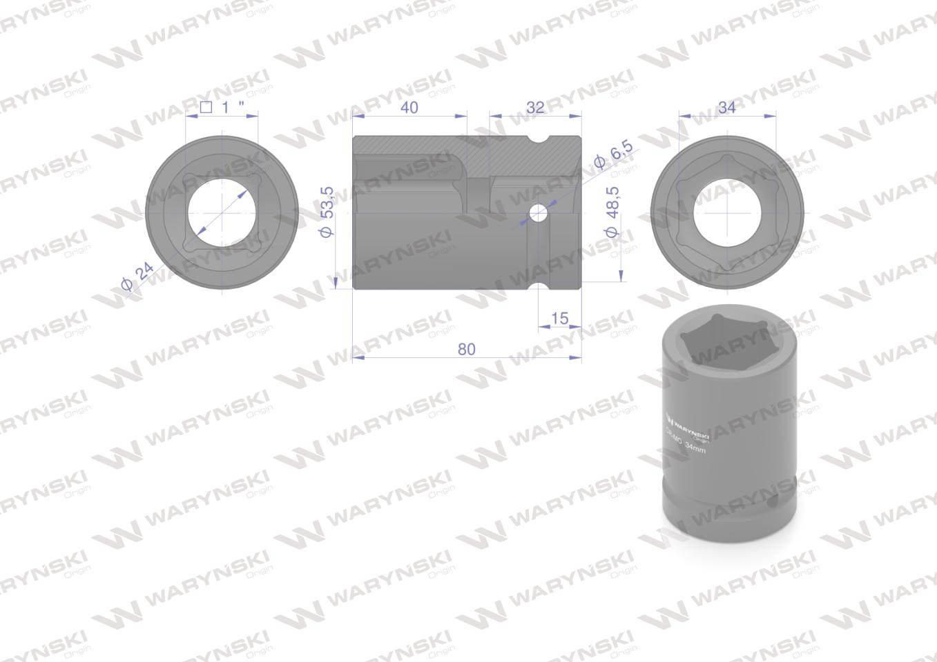 Nasadka udarowa sześciokątna 1"długa. 34 mm. CrMo. DIN 3129 Waryński - zdjęcie 2