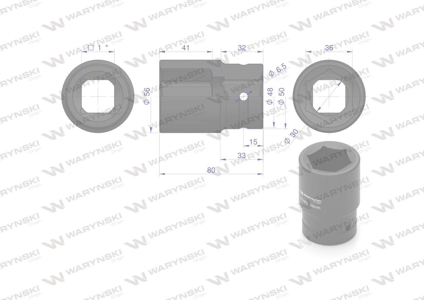 Nasadka udarowa sześciokątna 1"długa. 36 mm. CrMo. DIN 3129 Waryński - zdjęcie 2