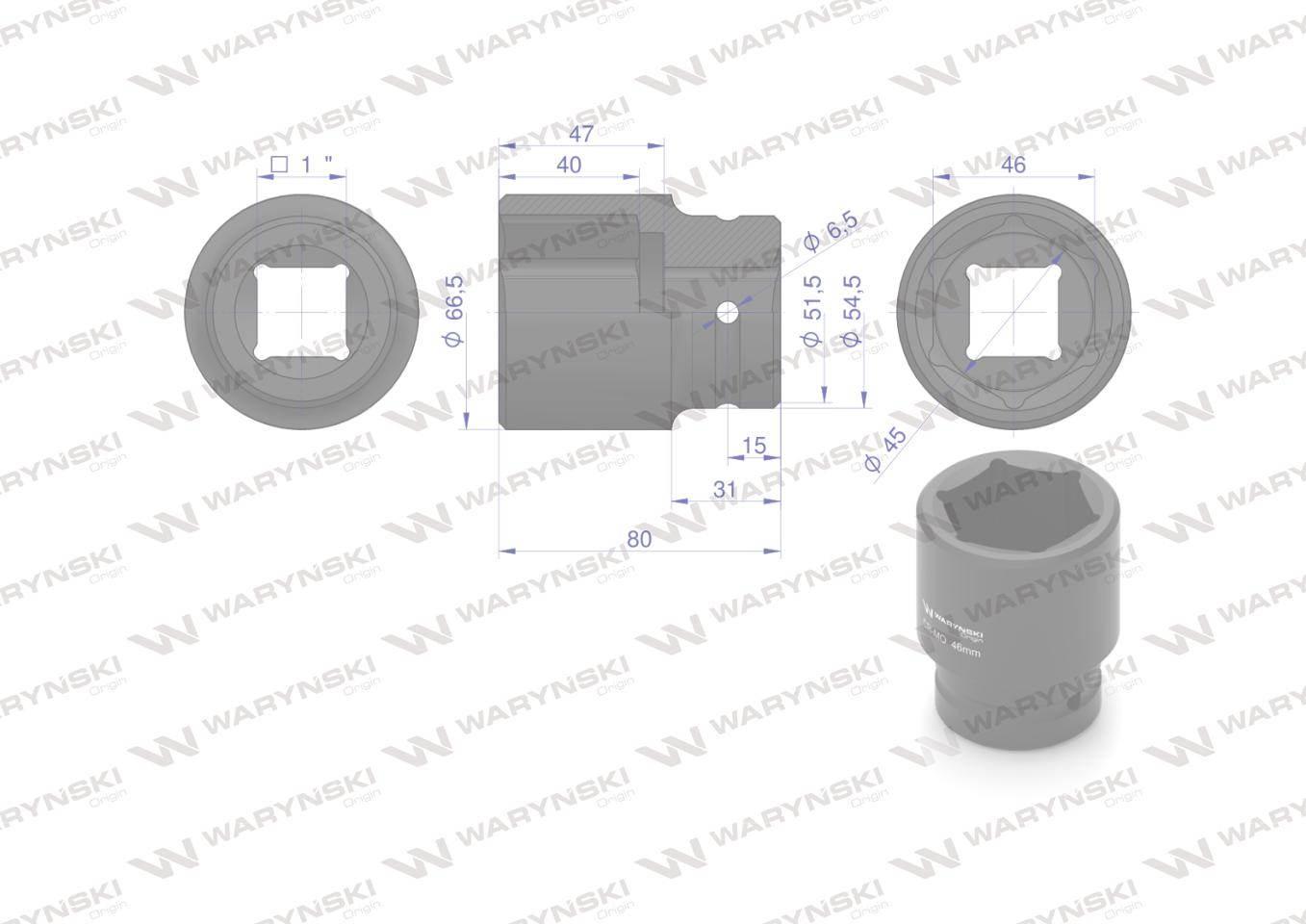 Nasadka udarowa sześciokątna 1"długa. 46 mm. CrMo. DIN 3129 Waryński - zdjęcie 2
