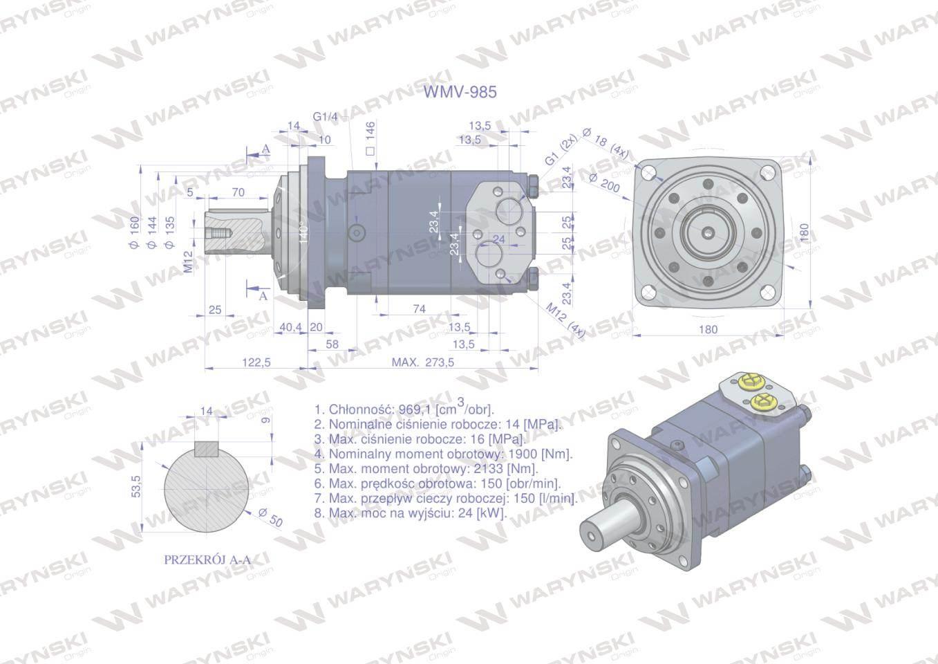 Silnik hydrauliczny orbitalny WMV 985 cm3/obr (140 bar / max.180 bar) Waryń - zdjęcie 3