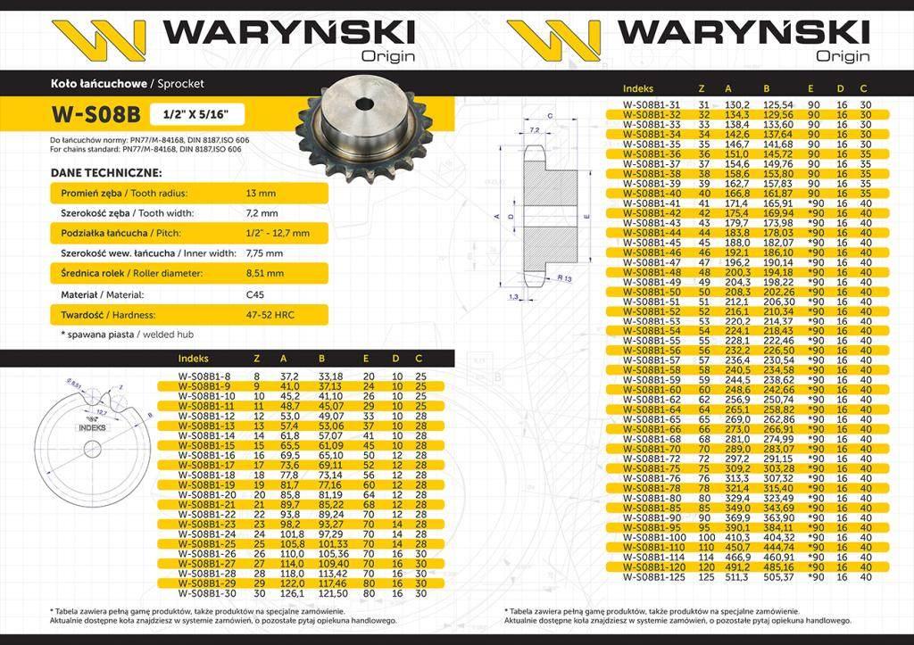 Koło zębate hartowane z kołnierzem 08B-1 (R1 1/2) Z-19 Waryński W-S08B1-19 - zdjęcie 3