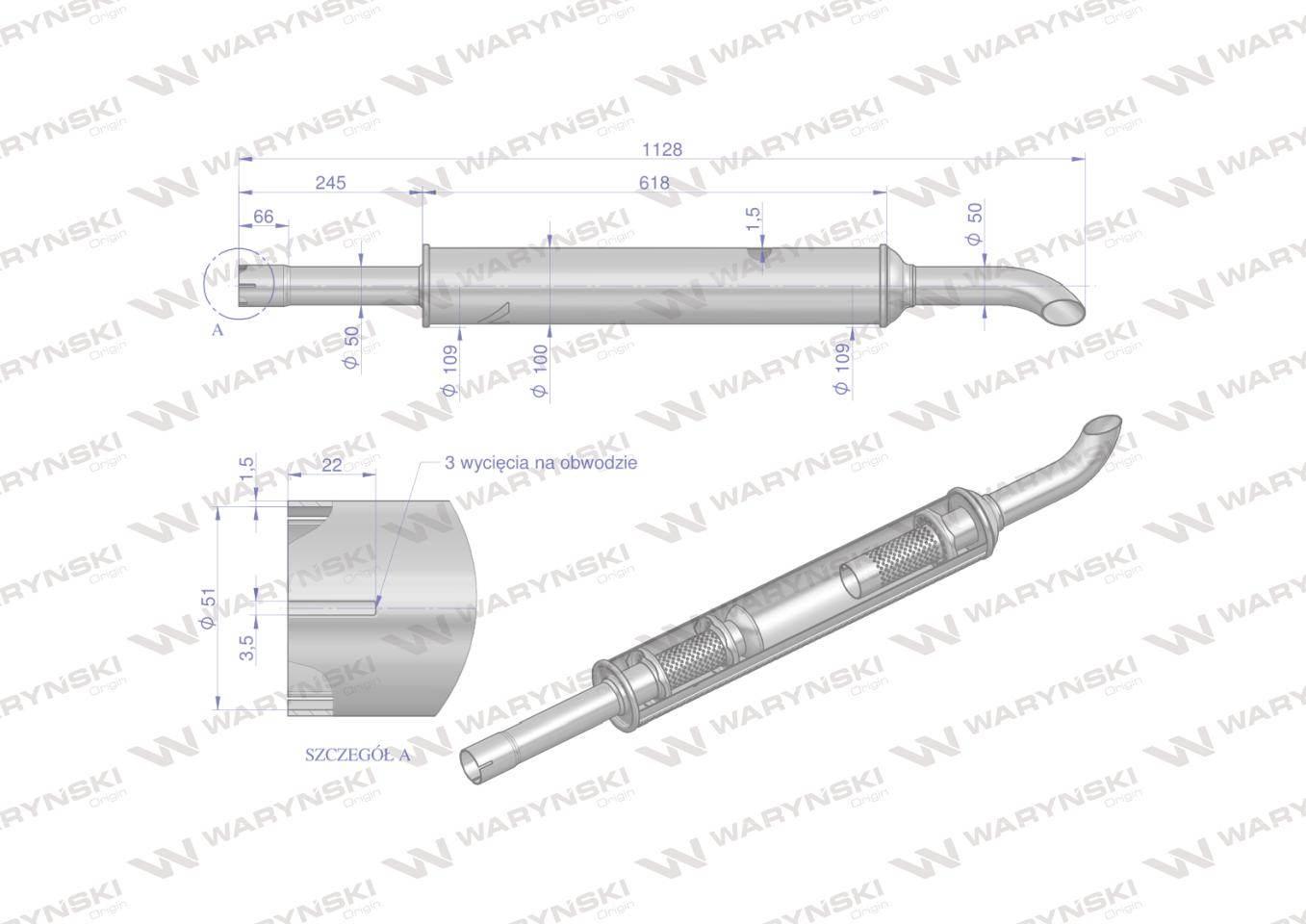 Tłumik 1128mm 3029104M1 4.8kg MF3 C-3603P INOX WARYŃSKI 3029049IW - zdjęcie 3