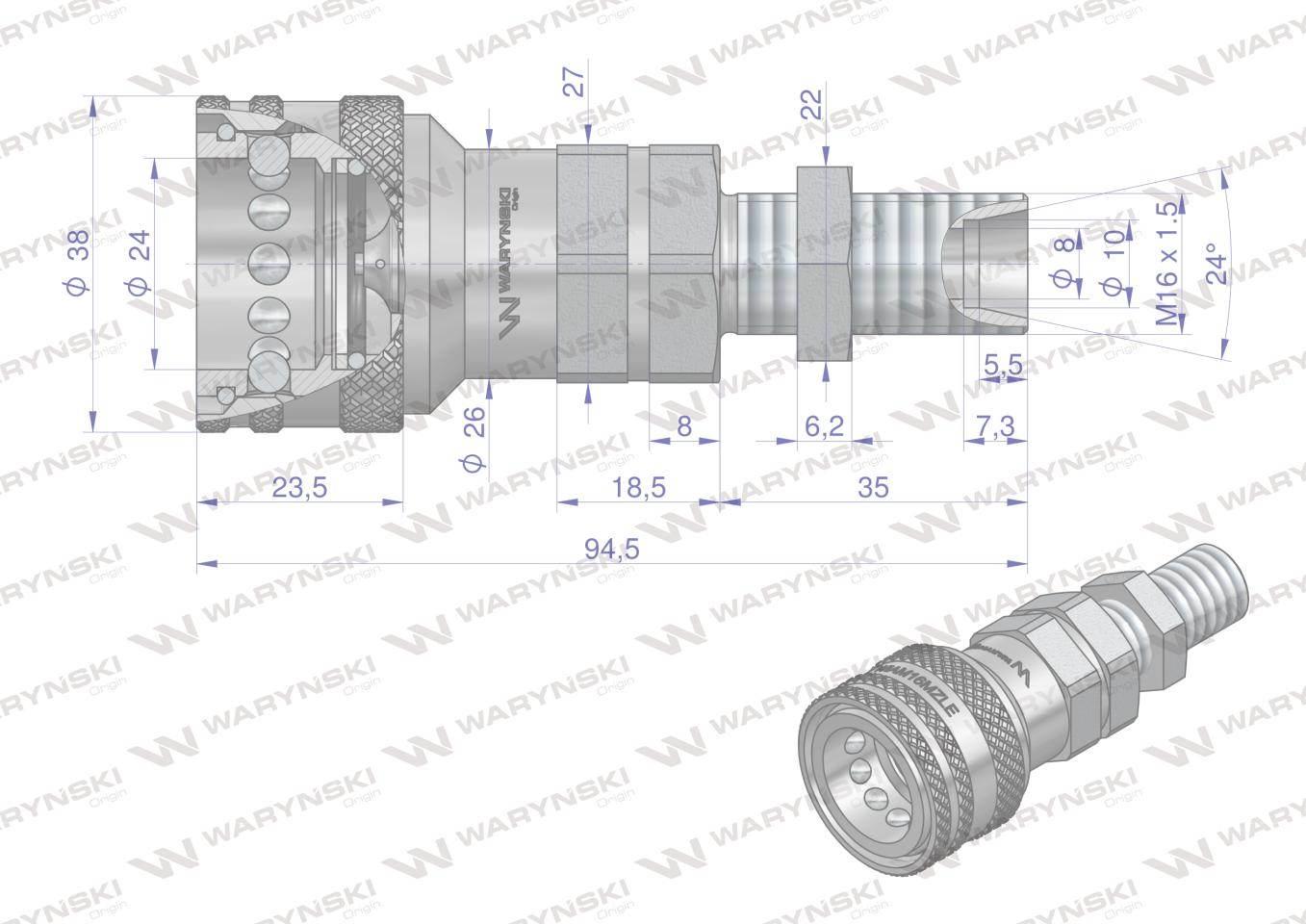 Szybkozłącze hydrauliczne gniazdo long M16x1.5 gwint zewnętrzny EURO (ISO 7 - zdjęcie 4